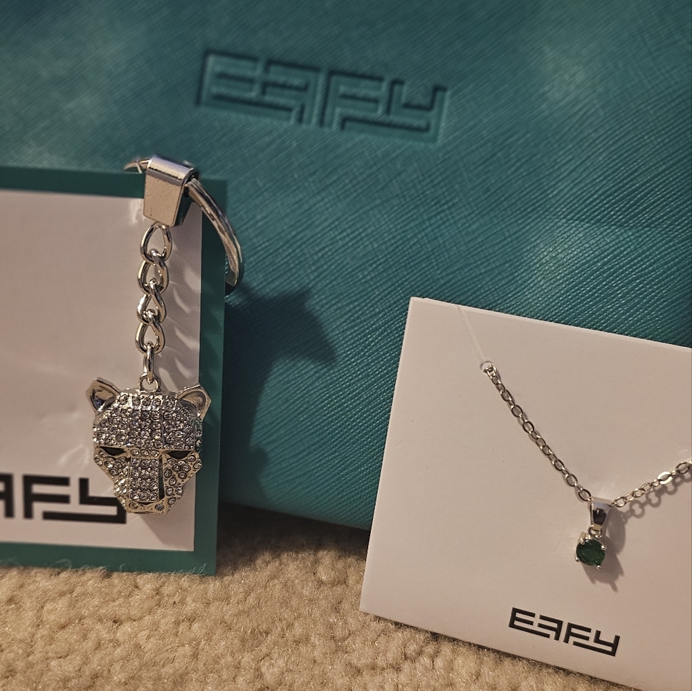 EFFY Emerald necklace, rhinstone panther keychain AND cosmetic bag